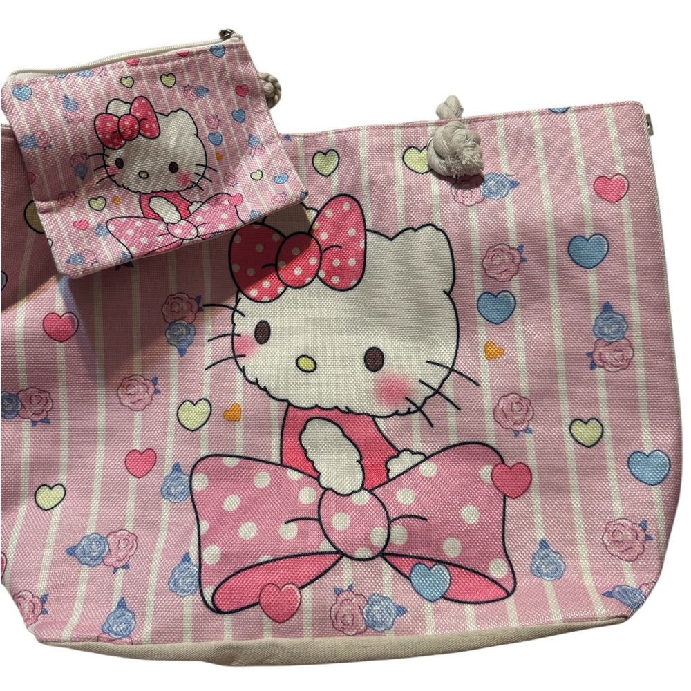 Hello Kitty Pink Striped Tote/Beach Bag with Pouch. - Picture 2 of 6